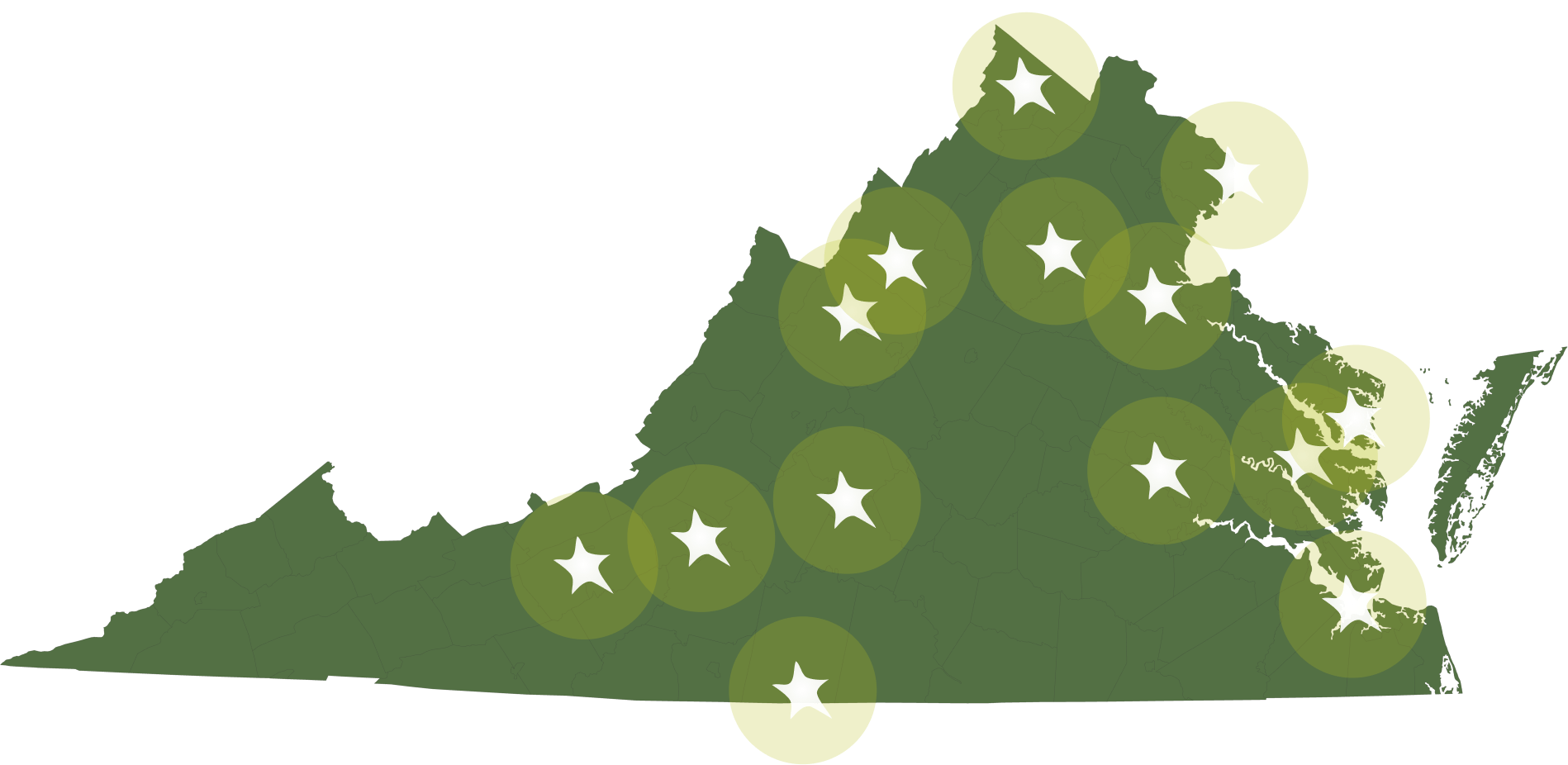 Digital map rendering in green with several white stars with yellow circles around them on the cities